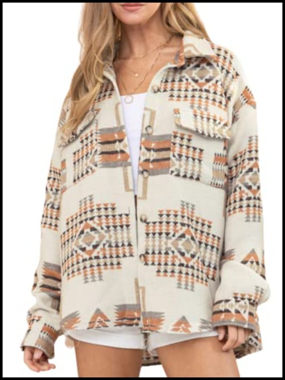 Women's Aztec Print Wool Blend Shacket Button Down Loose Fit